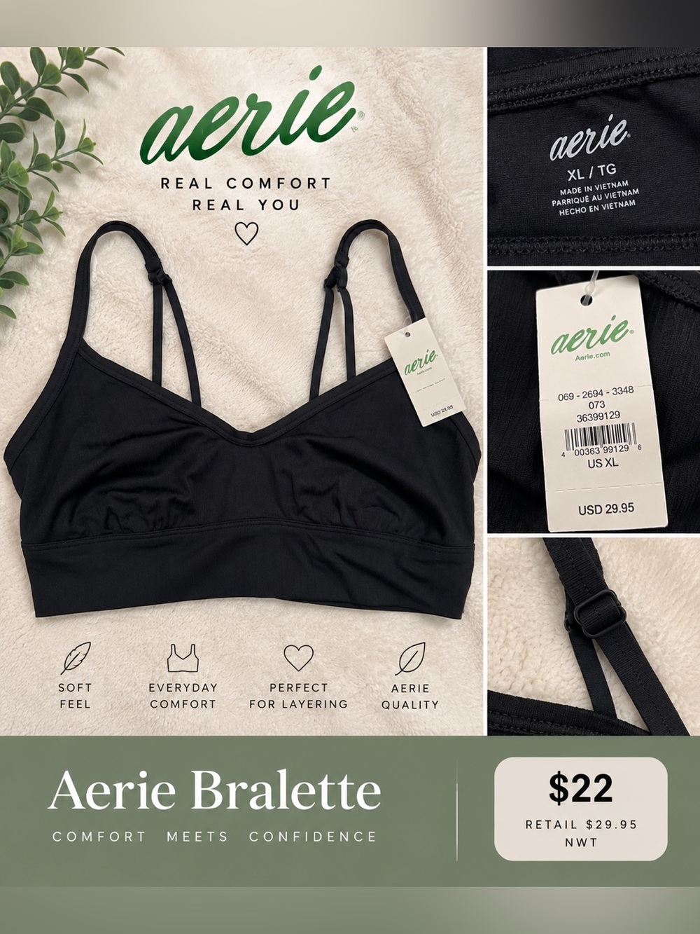 aerie Black Bralette with Adjustable Straps
